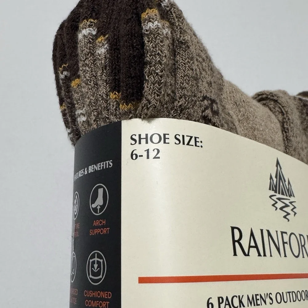 Rainforest 6-Pair Men's Outdoor‎ Mid Crew Socks Shoe Size 6-12 Size 10-13 Tan